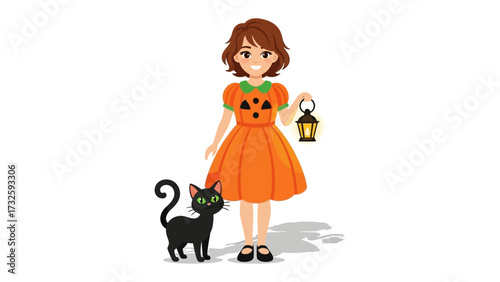 Halloween Girl and Black Cat: A young girl dressed in a festive pumpkin dress stands proudly with a black cat, the scene perfect for the season, embodying the fun of Halloween. 