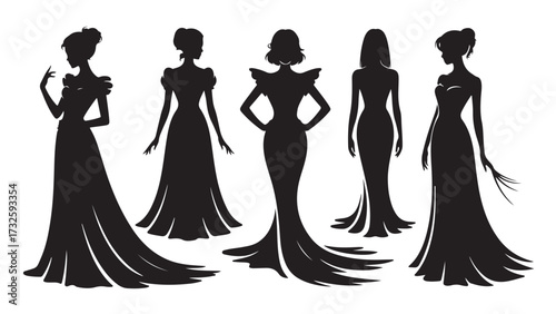 Elegant women in long gowns silhouette set vector illustration of fashion models in various poses perfect for design elements and fashion industry visuals