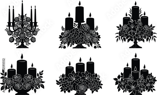 Elegant floral candle arrangement vector illustration with roses, leaves, decorative black and white silhouette design for wedding, celebration, and memorial backgrounds