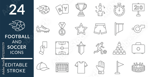 Minimalist Football and Soccer Line Icon Pack. Match Equipment, Players, Referee Symbols, and Sports Elements Vector Set
