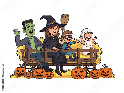 Halloween Gathering: A whimsical illustration of a family dressed up in costumes, riding in a hay wagon, surrounded by carved pumpkins. A festive depiction of the joyous spirit of Halloween.