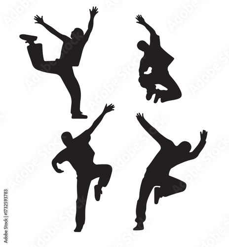 Silhouette of dancing people vector illustration of active poses isolated on white background