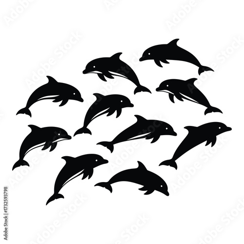 Dynamic silhouette of a pod of dolphins swimming in ocean waves graceful marine mammals underwater life silhouette
