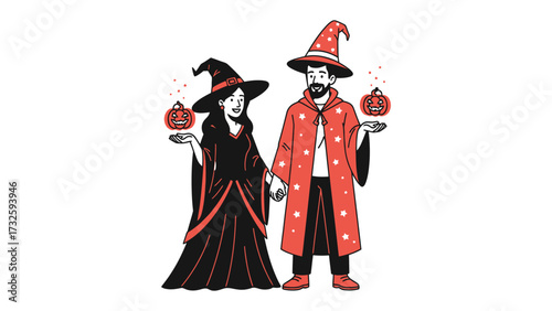 Mystical Duo in Costume: A couple in whimsical attire, evoking a sense of enchantment. They showcase Halloween decor, symbolizing festive gatherings.