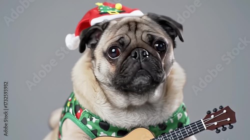 Pug Dog Wearing Holiday Costume with Red Hat and Green Shirt Holding a Miniature Ukulele on Gray Backdrop