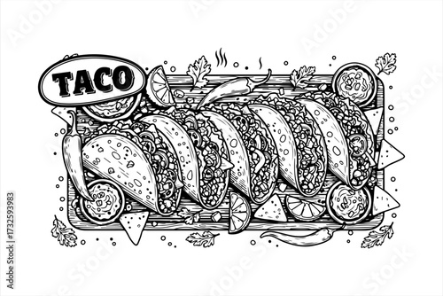 Black and white illustration of a tray filled with tacos, accompanied by lime wedges, peppers, and sauce.