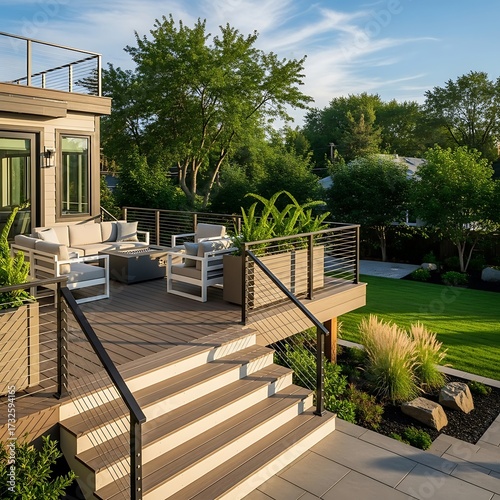 A modern, light-filled deck area with contemporary landscaping and comfortable seating, showcasing a seamless blend of indoor and outdoor living spaces.