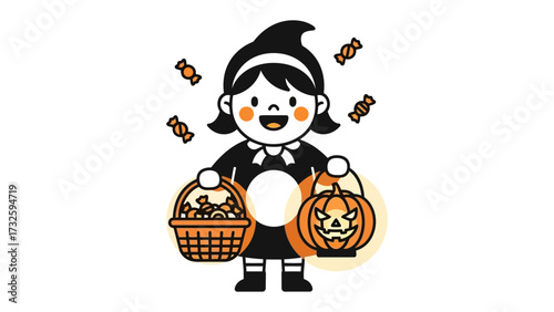 Trick or Treat Delight: A cheerful child, adorned in Halloween attire, gleefully carries a basket brimming with sweets and a festive Jack-o'-Lantern, embodying the joyful essence of the holiday. 