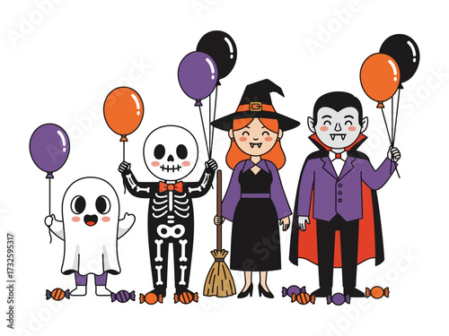 Halloween Characters: Charming cartoon characters, adorned in festive costumes and holding balloons, gather together, embodying the spirit of Halloween.