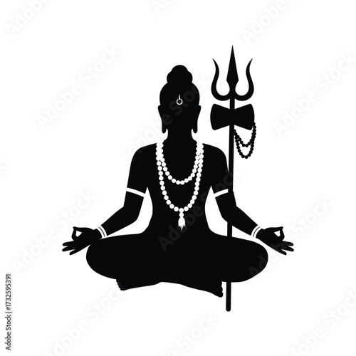 Silhouette of lord shiva meditating in lotus pose with trident and mala beads against white background