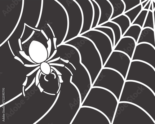 Black and White Spider on Intricate Web, High Contrast Nature Illustration for Halloween or Gothic Themes.