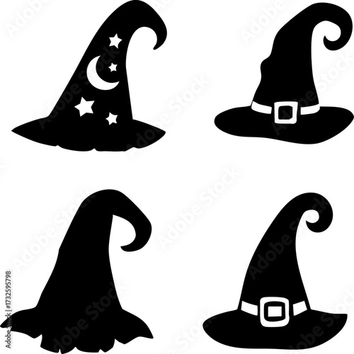 Set of witch hats with moon, stars, buckle and brim