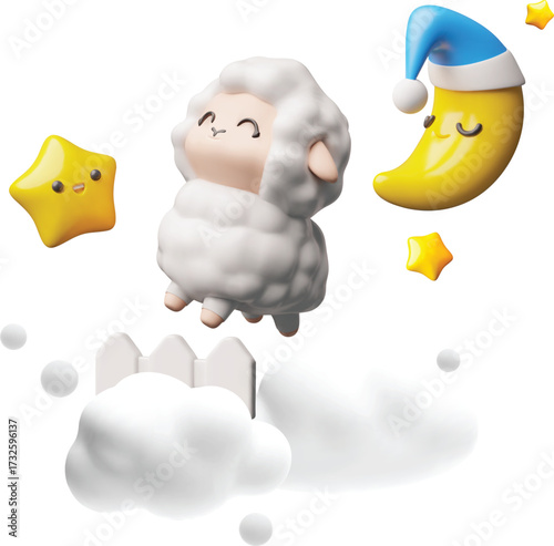 Cute lamb jumps over fence in the sky, 3D crescent moon wearing blue night cap sleeping in the cloud vector illustration