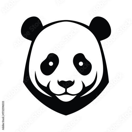 Stylized black and white graphic illustration of a friendly panda bear face with dark eye patches and ears