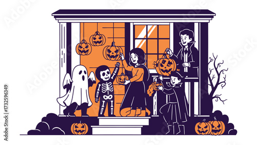 Spooky Halloween Festivities: A delightful illustration of a group of children dressed in Halloween costumes. The scene showcases playful Trick-or-Treating activities and a festive atmosphere.