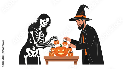 Halloween Crafting: A creative scene of a skeleton and a wizard collaborating, adorning carved pumpkins and festive lanterns on a table, encapsulating the essence of spooky holiday crafting.