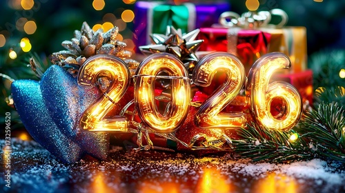 Full-frame 85mm focusing closely on glowing 2026 numbers with dreamy blurred stacked colorful presents behind