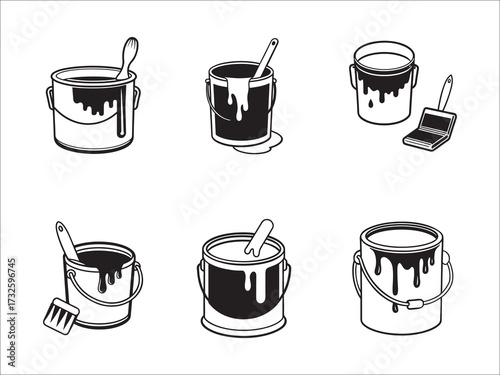 Collection of Paint Buckets and Brushes in Black and White Style