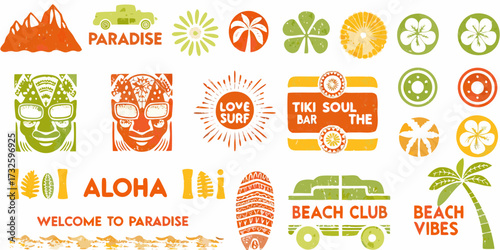 Collection of hawaiian and tropical themed graphic elements and icons for summer vacation and beach resort designs