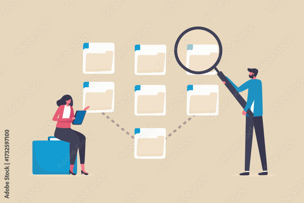 Fototapeta premium Business people analyzing data and documents using a magnifying glass and tablet for research and organization