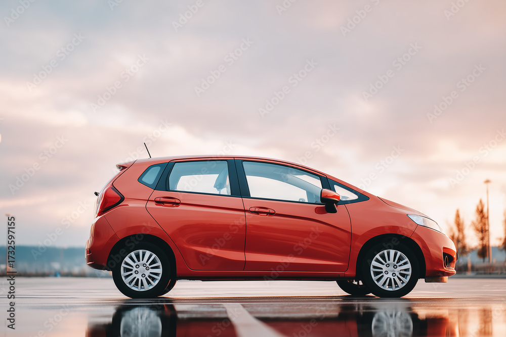 Fototapeta premium Red hatchback car under cloudy sky