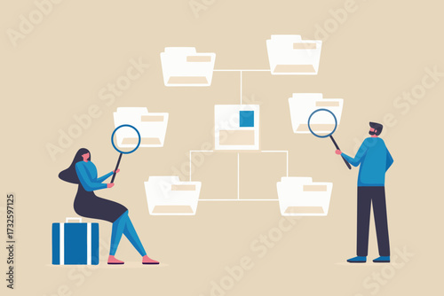 Two people examining a complex file structure diagram with magnifying glasses representing data analysis and organization
