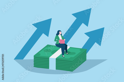 Woman sitting on stack of money with upward trending arrows symbolizing financial growth and success