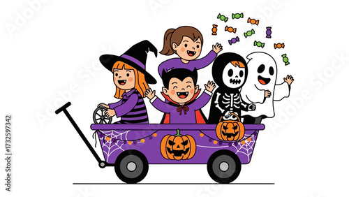 Halloween Wagon Ride: Animated children in colorful costumes on a charming wagon overflowing with Halloween candy and spooky decorations, a whimsical celebration of trick-or-treating joy.