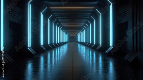 未来的な青いライトが光るダークな廊下の遠景