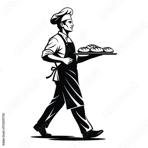 Skilled baker in chef hat and apron carrying tray of freshly baked bread silhouette