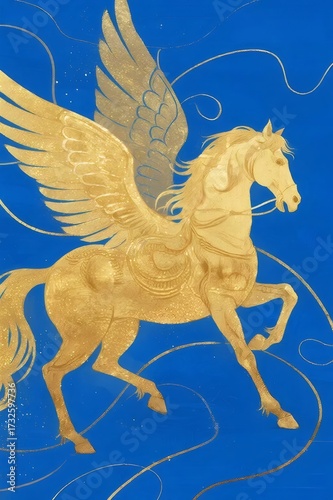 青い背景に金のペガサスの華やかなイラスト
