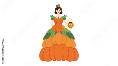 Halloween Princess Costume:  A charming cartoon illustration portrays a woman elegantly adorned in a dress crafted from pumpkins and vibrant leaves, holding a jack-o'-lantern.