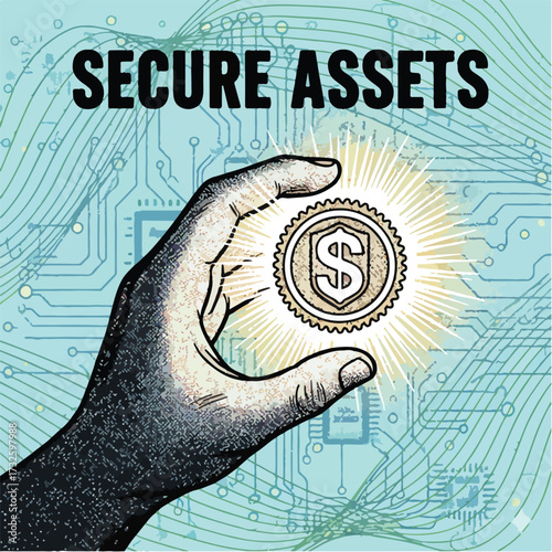 Digital Wallet Transaction Security Vector Illustration. Hand Shielding Glowing Payment
