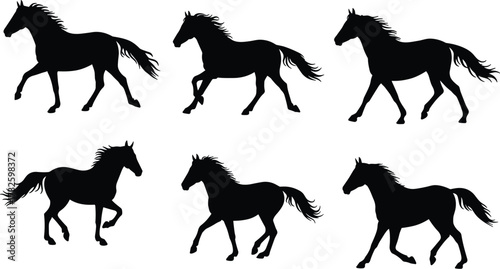  Silhouette sequence of running horse showing dynamic motion, galloping stages, animal locomotion, equestrian speed, black vector illustration for design