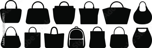 Silhouettes of Fashion Bags, Handbags, Totes, Backpacks, Minimalist Icons for Design, Style, Retail, Accessories, Branding, and Fashion Illustration
