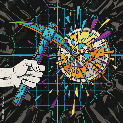 Cryptocurrency Mining Digital Pickaxe Vector Illustration. Hand Breaking Geometric Coin