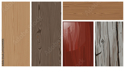 Five distinct wooden textures, showcasing natural grain patterns and polished surfaces in various shades and finishes for design backgrounds