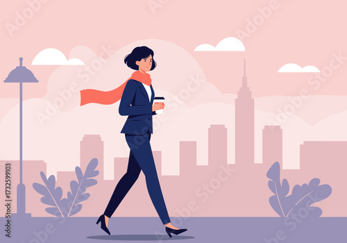 Woman walking in business attire with coffee new york city digital urban setting side view professional lifestyle