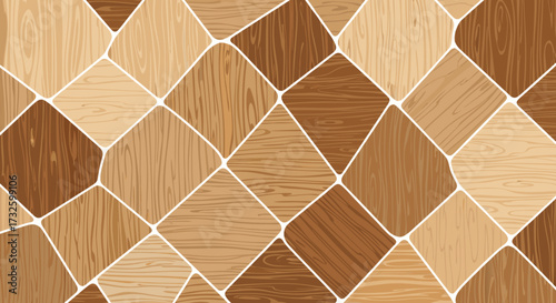 Abstract wood pattern with geometric shapes in earthy tones and clean white grout lines, creating a warm and natural texture background