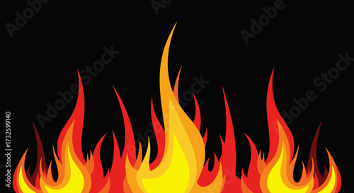 Vibrant and dynamic flames against a stark black background, showcasing the intense heat and raw power of fire in a visually striking graphic illustration