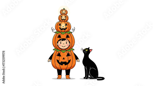 Halloween Delight: A child dressed as a jack-o'-lantern stands beside a sleek black cat against a festive backdrop, embodying the spirit of Halloween with spooky charm.
