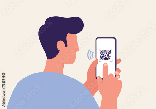 Scanning qr code with smartphone digital interaction mobile technology user engagement modern environment view
