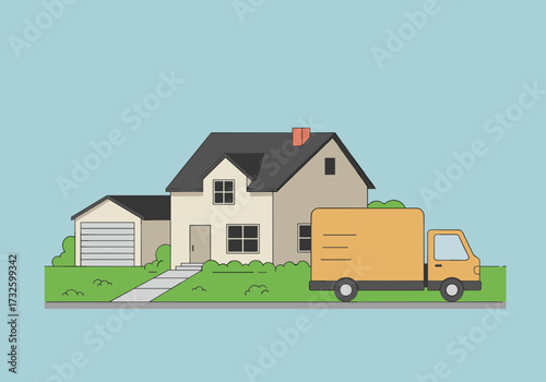 Moving day activities residential area urban environment side view home relocation concept