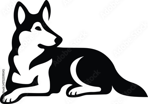 Husky dog lying down black and white vector, Resting husky silhouette illustration
