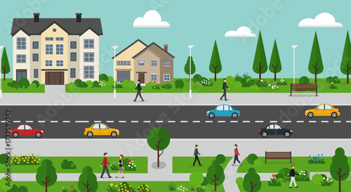 Residential Area with Cars, Green Park, and People in Flat Illustration