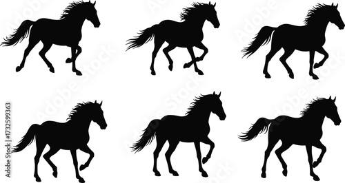 Silhouette sequence of running horse showing dynamic motion, galloping stages, animal locomotion, equestrian speed, black vector illustration for design