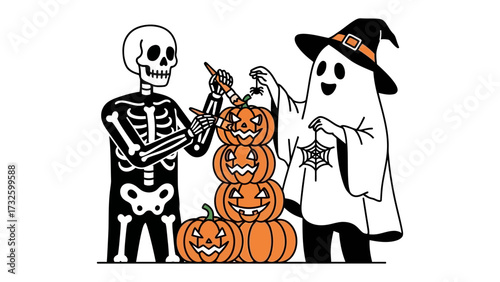 Spooky Halloween Decoration: A skeleton and ghost creatively stack and decorate pumpkins for a festive Halloween celebration. 