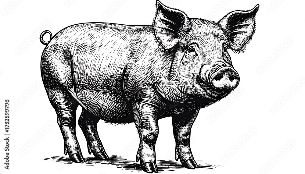 Fototapeta premium A grayscale illustration showcases a realistic pig standing upright, its features intricately detailed with shading, whiskers and a curly tail
