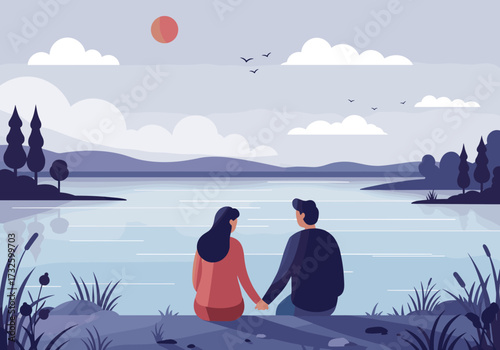 Couple enjoying sunset by lake nature scene romantic atmosphere serene environment rear view love and connection
