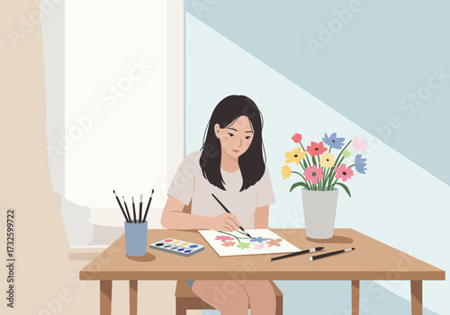 Artistic expression young woman flowers at home digital bright indoor environment creative perspective